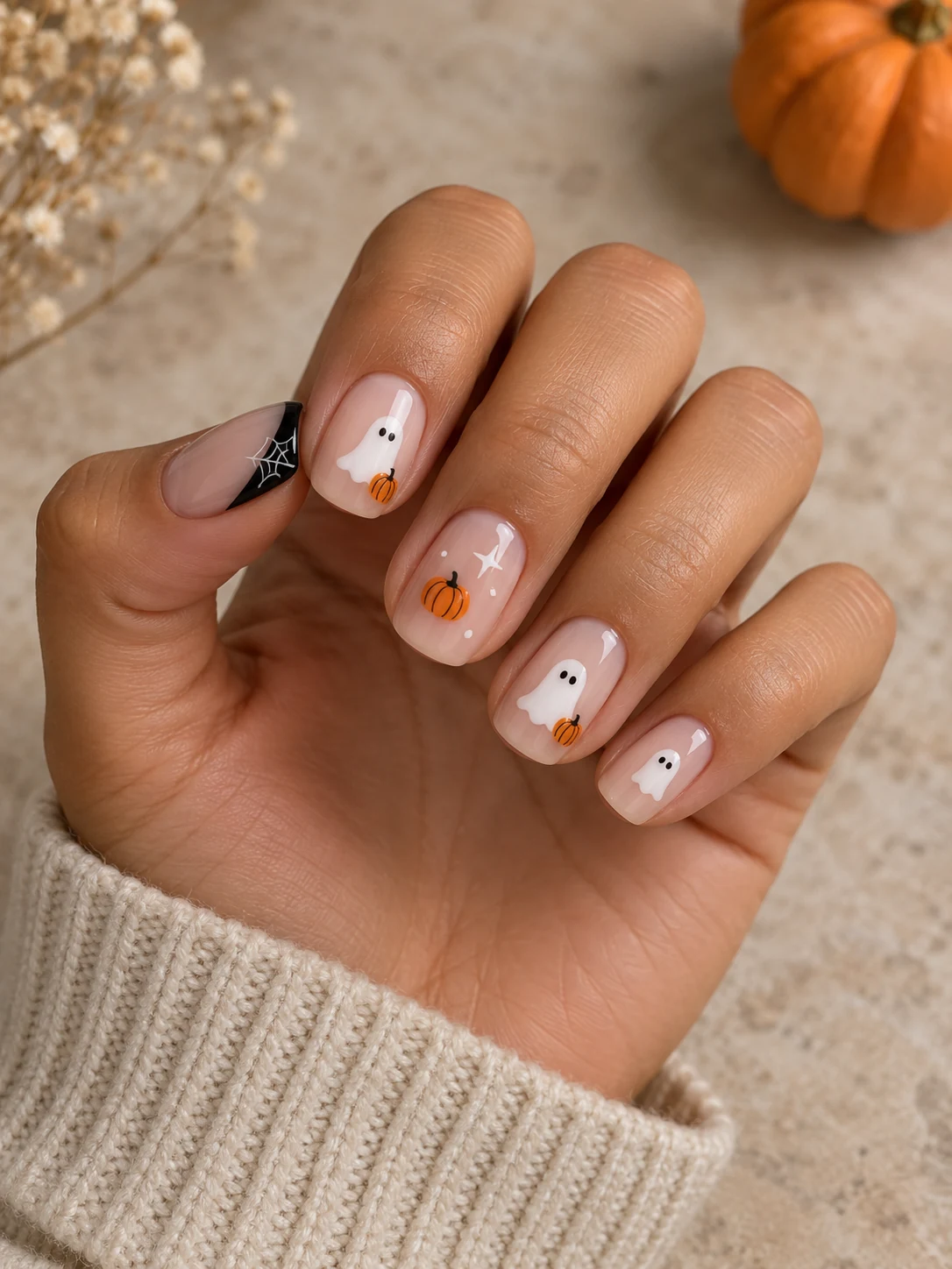Short nude nails with tiny white ghosts and orange pumpkins
