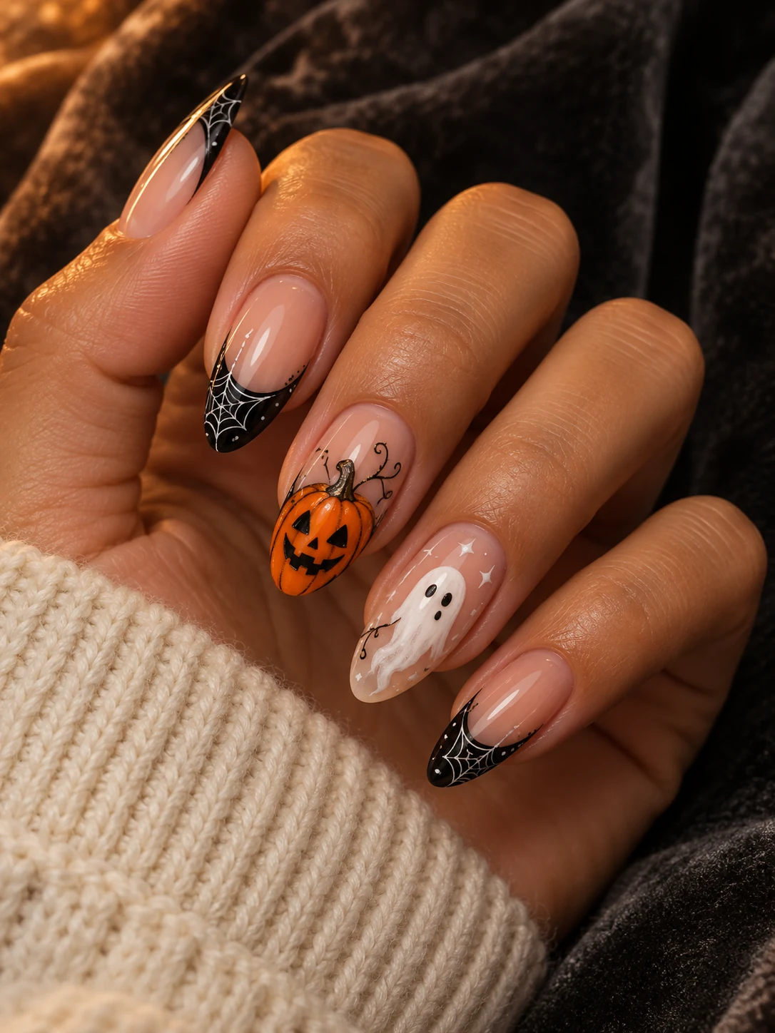 Halloween almond nails with pumpkin, ghost and spiderweb designs