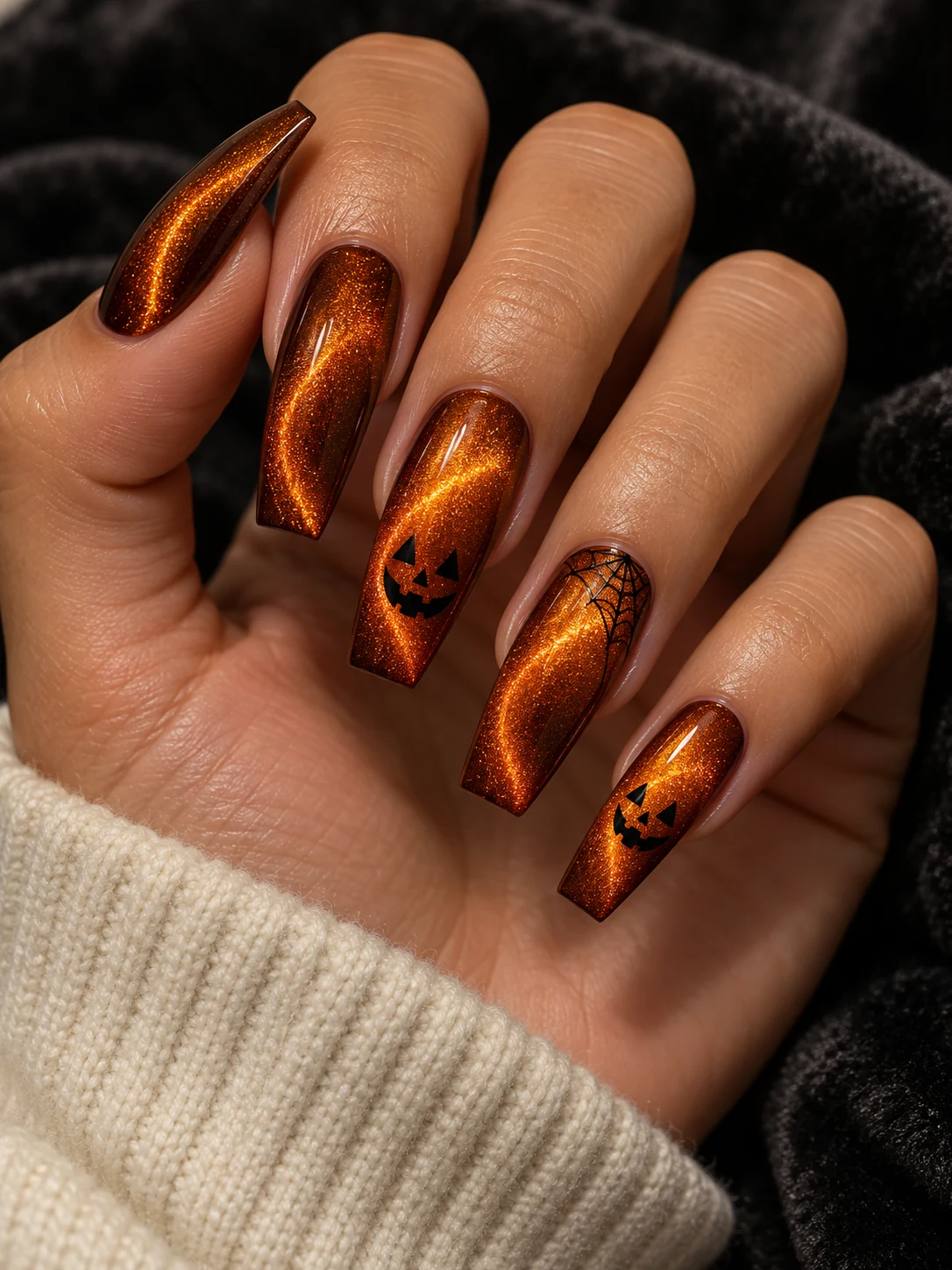 Copper magnetic cat-eye coffin nails with jack-o-lantern faces and a spiderweb