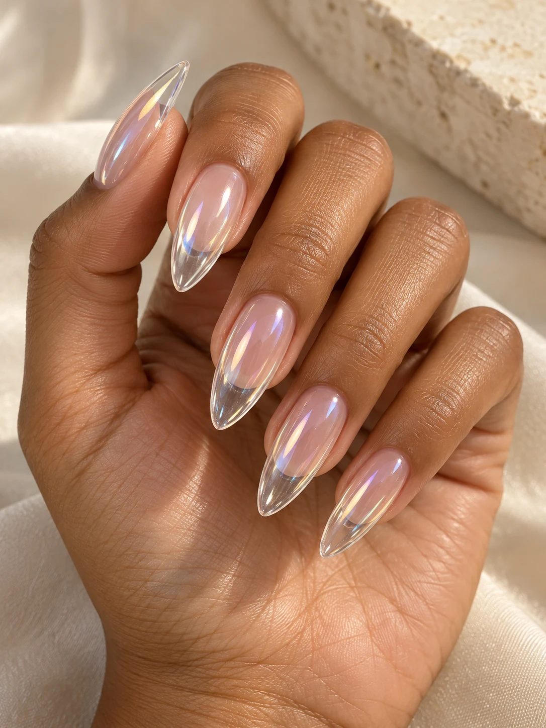 Clear jelly nails: Almond · sheer aurora. Transparent glassy tips with a sheer aurora glaze.