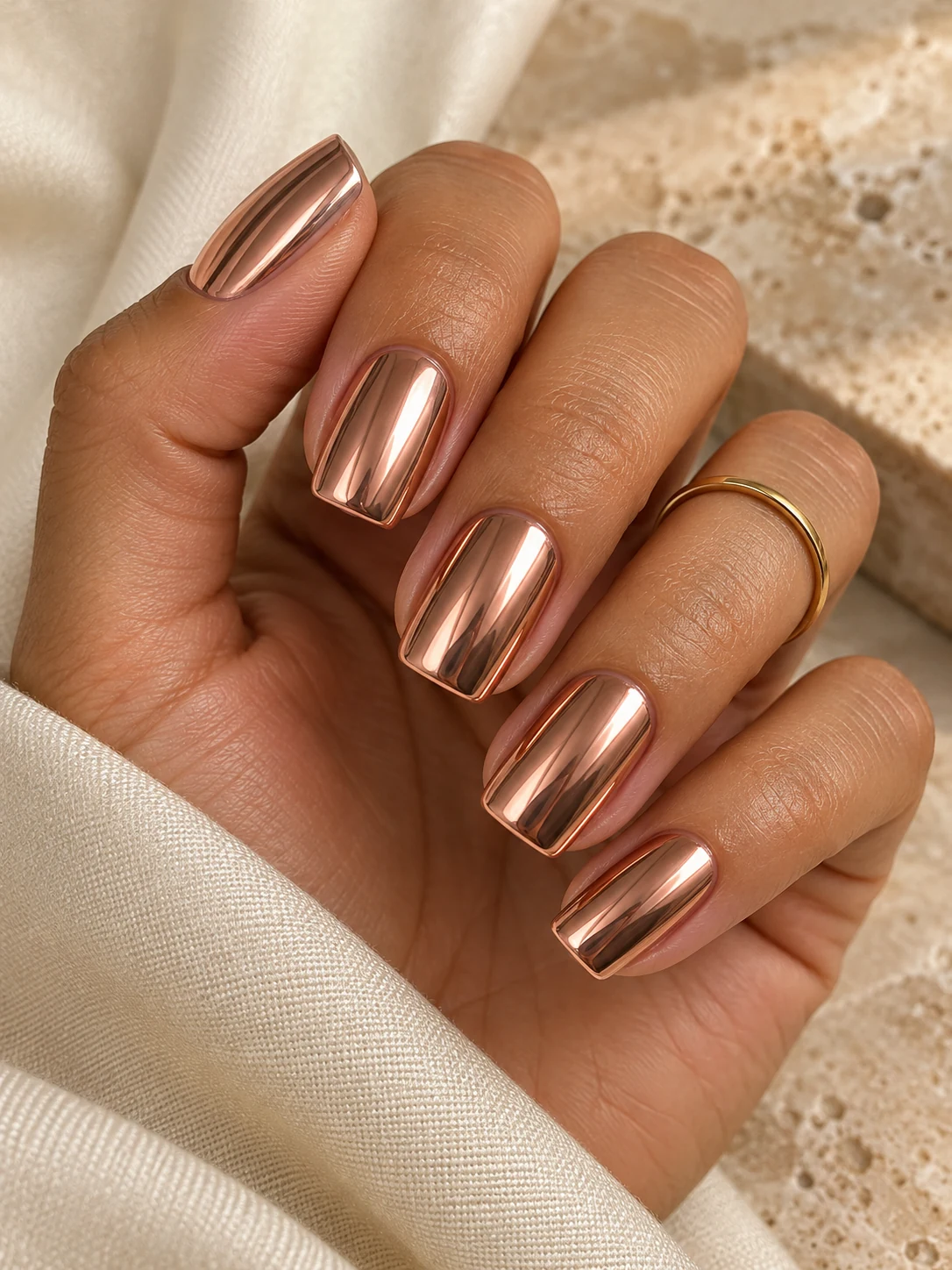 Rose gold nails: Square · warm metallic. Warm rose-gold shine on a softly squared shape.